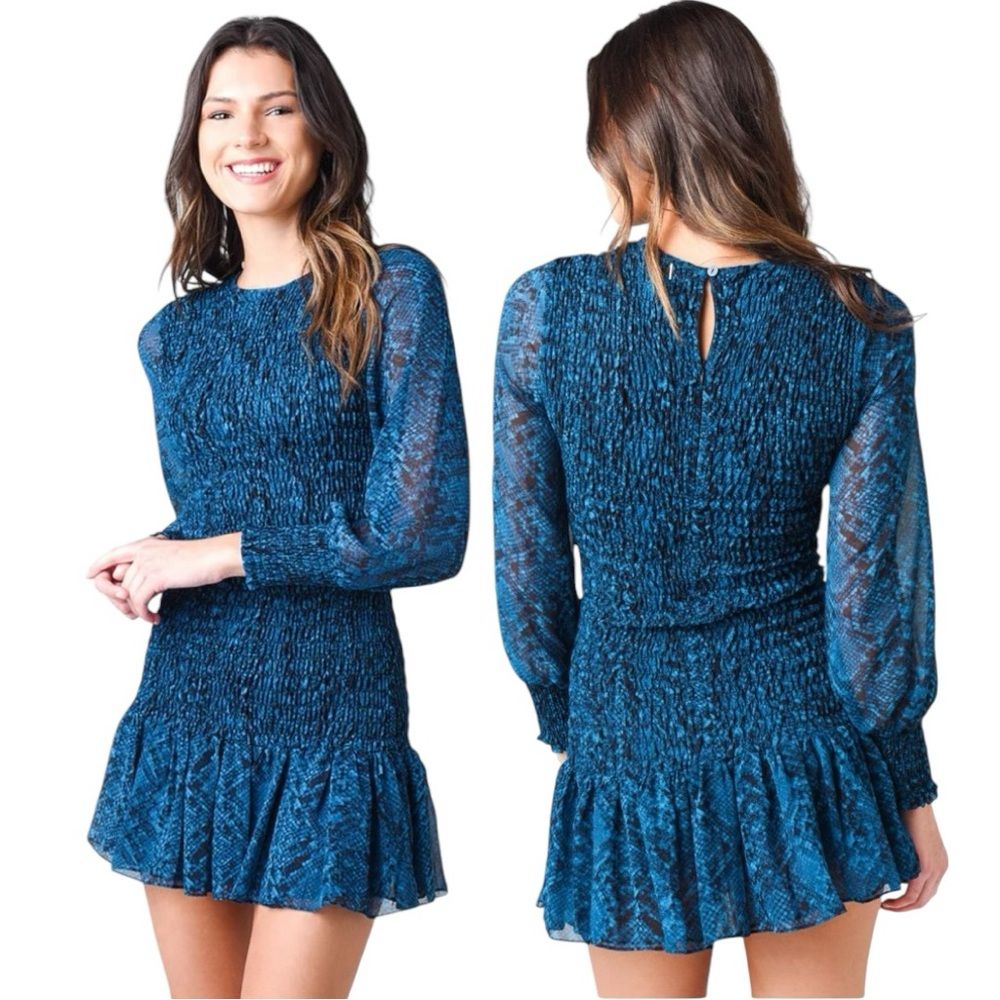 Anthropologie Misa Roisin Long Sleeve Mini Dress In Teal Snake Size Large